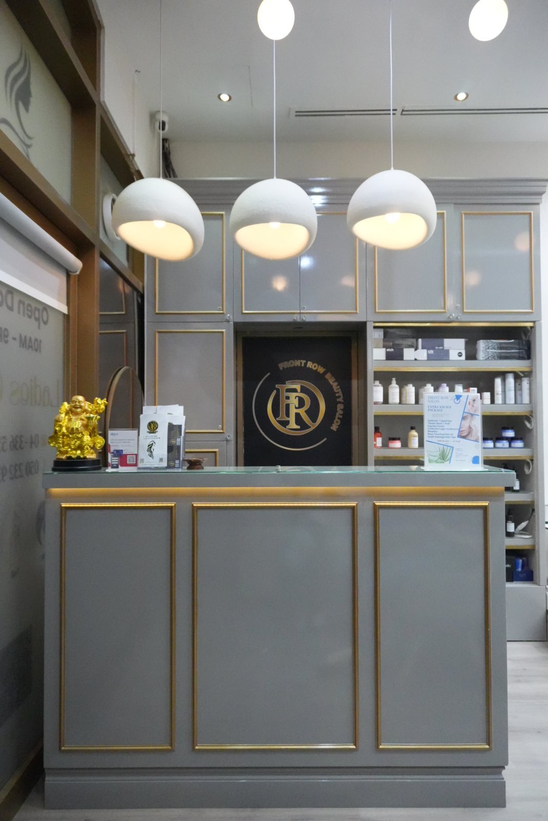 Reception desk at Front Row Beauty Salon